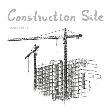 Building Construction and Tower Cranes. City. Vector draw Stock Illustration