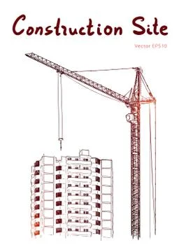 Building Construction and Tower Cranes. City. Vector draw Stock Illustration