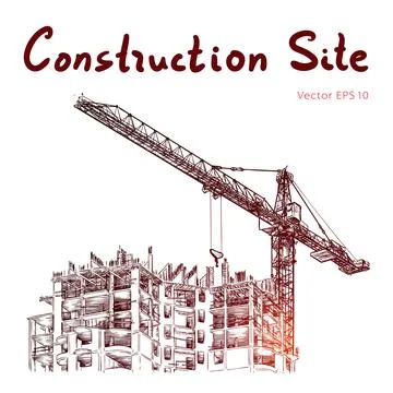 Building Construction and Tower Cranes. City. Vector draw Stock Illustration