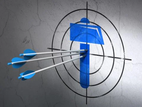 Building construction concept: arrows in Hammer target on wall background Ilustración de archivo