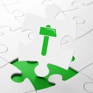 Building construction concept: Hammer on puzzle background Ilustración de archivo