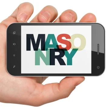 Building construction concept: Hand Holding Smartphone with Masonry on  displa Ilustración de archivo