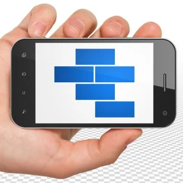 Building construction concept: Hand Holding Smartphone with Bricks on display Ilustración de archivo