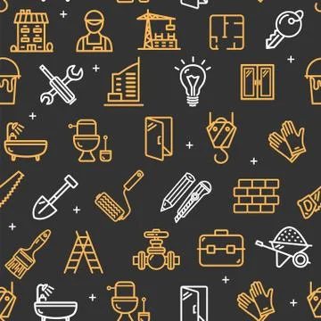 Building Construction Elements and Tools Pattern Background on a Black. Vector Stock Illustration