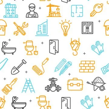 Building Construction Elements and Tools Pattern Background on a White. Vector イラスト素材