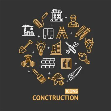 Building Construction Elements and Tools Color Round Design Template Line Icon Stock Illustration