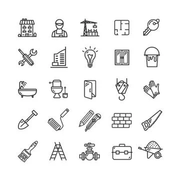 Building Construction Elements and Tools Black Thin Line Icon Set. Vector Stock Illustration