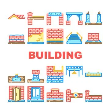 Building construction elements collection outline icons set Stock Illustration