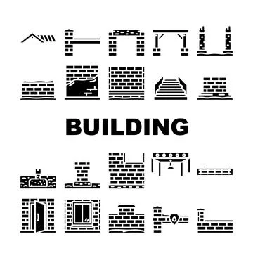 Building construction elements glyph icons black set Stock Illustration