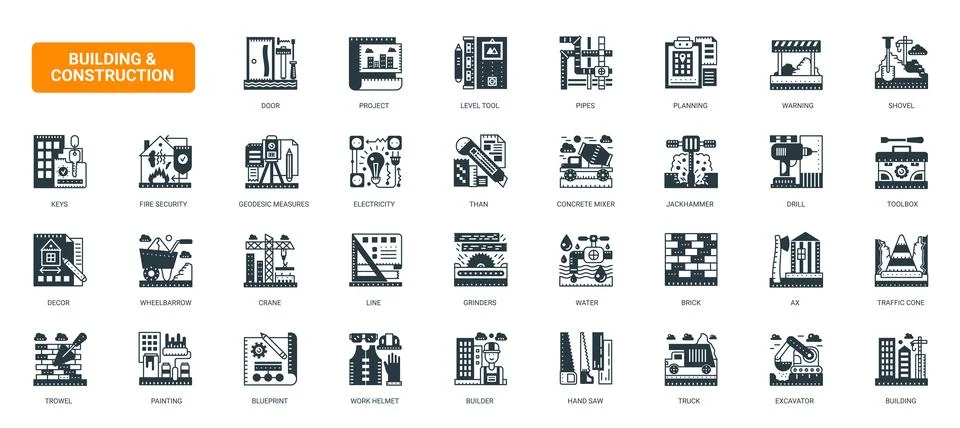 Building Construction Engineering Tools and Equipment icons set Stock Illustration