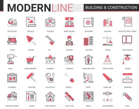 Building construction flat line icons vector illustration set with builders 스톡 일러스트
