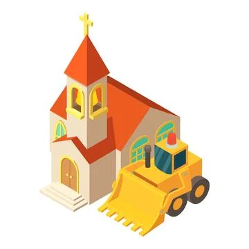 Building construction icon isometric vector. Construction bulldozer near church Ilustración de archivo