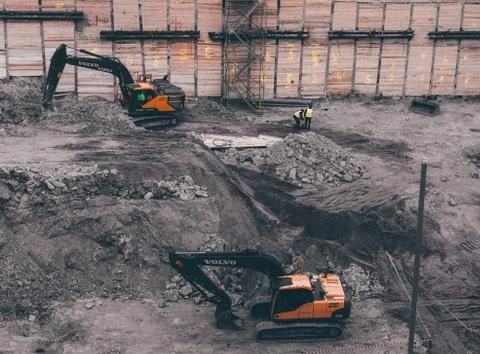 Building construction machines in the pit Stock Photos