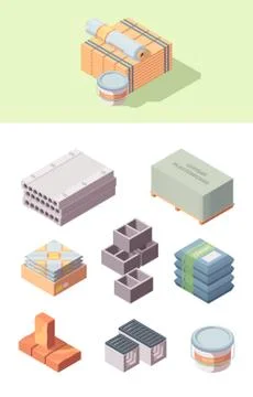 Building construction materials isometric set. Bobbin linoleum bucket glue bo Stock Illustration
