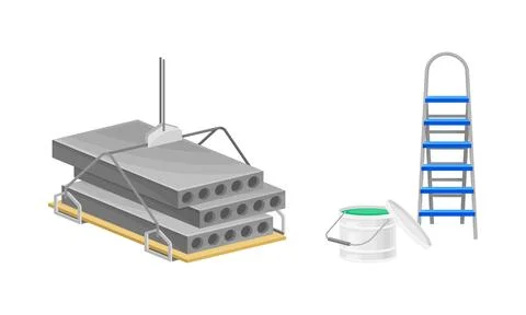 Building construction materials set. Concrete panels, stepladder, paint bucket Ilustración de archivo