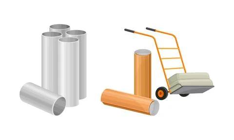 Building construction materials set. Metal pipes, trolley vector illustration Ilustración de archivo