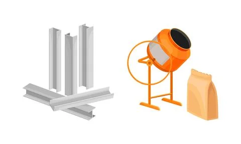 Building construction materials set. Metal reinforcement, concrete mixer vector Ilustración de archivo