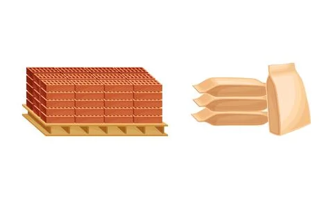 Building construction materials set. Pallets of bricks and concrete sacks vector Ilustración de archivo