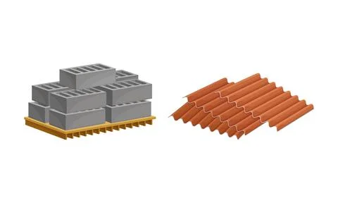 Building construction materials set. Profile of roof tile, pallet of concrete Ilustración de archivo