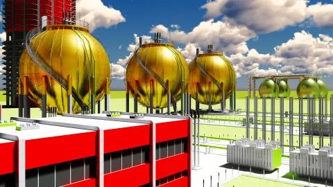 Building construction of nuclear plant 3d rendering Ilustración de archivo