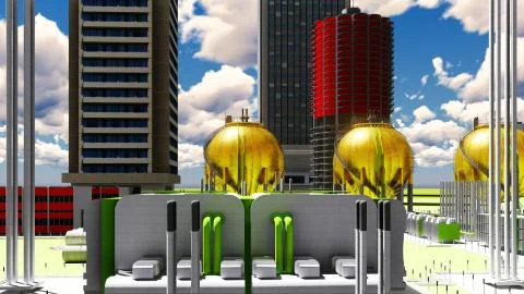 Building construction of nuclear plant 3d rendering Stock Illustration