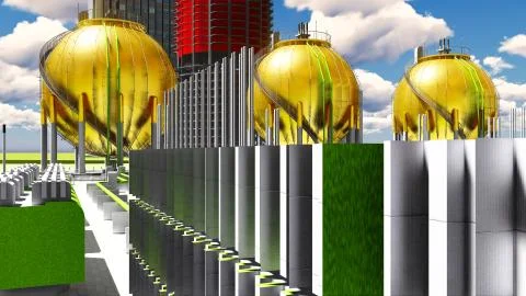 Building construction of nuclear plant 3d rendering Ilustración de archivo