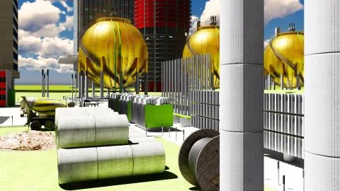 Building construction of nuclear plant 3d rendering Stock Illustration