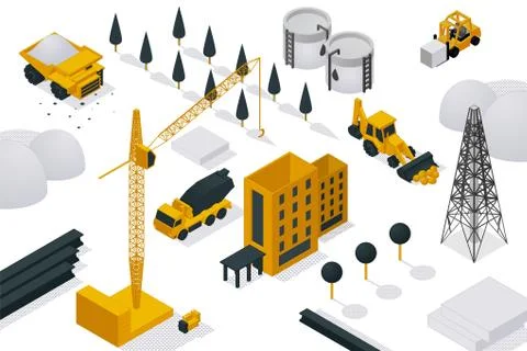 Building construction process, vector illustration isometric. Heavy equipment Ilustración de archivo