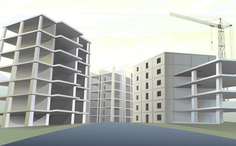 Building construction quartile. Lifting crane. Reinforced concrete slabs and  Ilustración de archivo