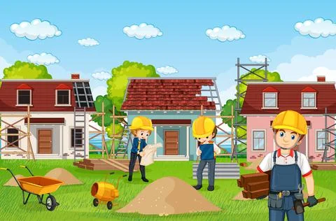 Building construction site and workers Stock Illustration