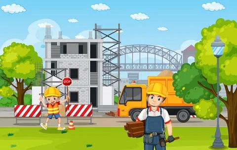 Building construction site and workers Ilustración de archivo