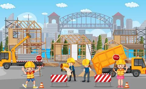 Building construction site and workers Stock Illustration