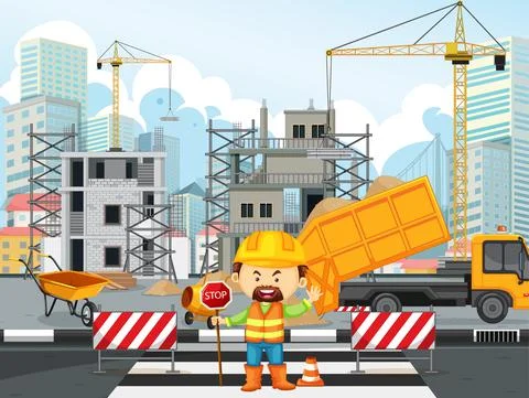 Building construction site and workers Ilustración de archivo
