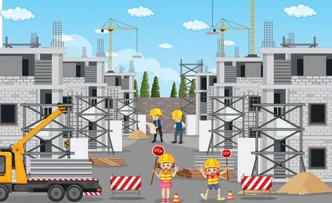 Building construction site and workers Ilustración de archivo