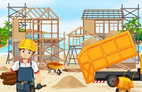Building construction site and workers Ilustración de archivo