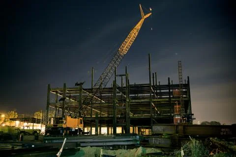 Building Construction Site With Crane (Night) Ilustración de archivo