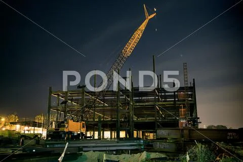 Building Construction Site With Crane (Night) Stock Photos