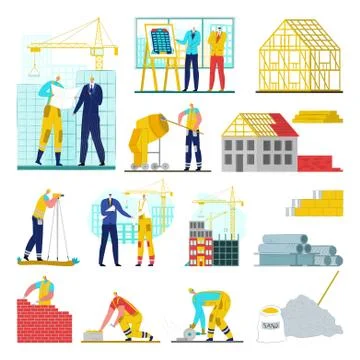 Building construction site, crane, workers architects, engineering vector Ilustración de archivo