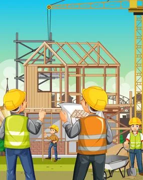 Building construction site with workers Ilustración de archivo