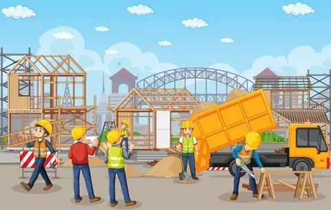 Building construction site with workers Ilustración de archivo