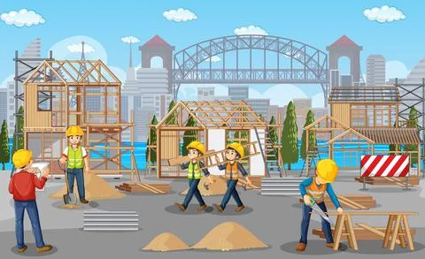 Building construction site with workers Ilustración de archivo