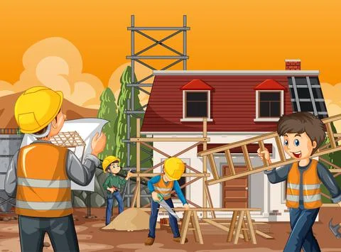 Building construction site with workers Ilustración de archivo
