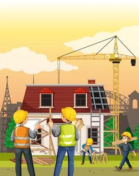 Building construction site with workers Ilustración de archivo