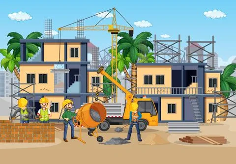 Building construction site with workers Ilustración de archivo