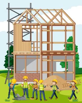 Building construction site with workers Ilustración de archivo
