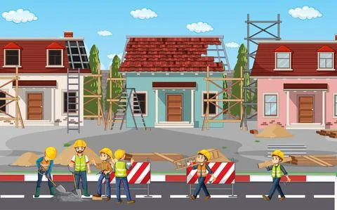 Building construction site with workers Ilustración de archivo