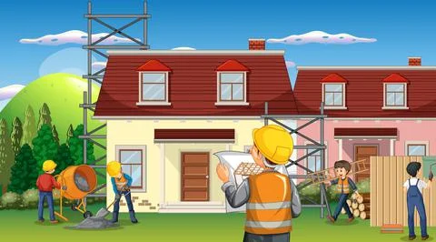 Building construction site with workers Ilustración de archivo