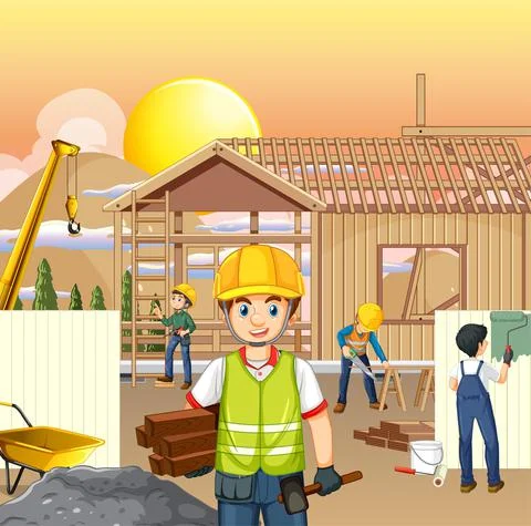 Building construction site with workers Ilustración de archivo