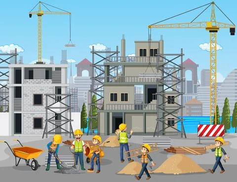 Building construction site with workers Ilustración de archivo