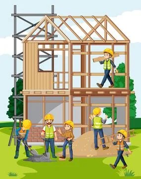 Building construction site with workers Ilustración de archivo